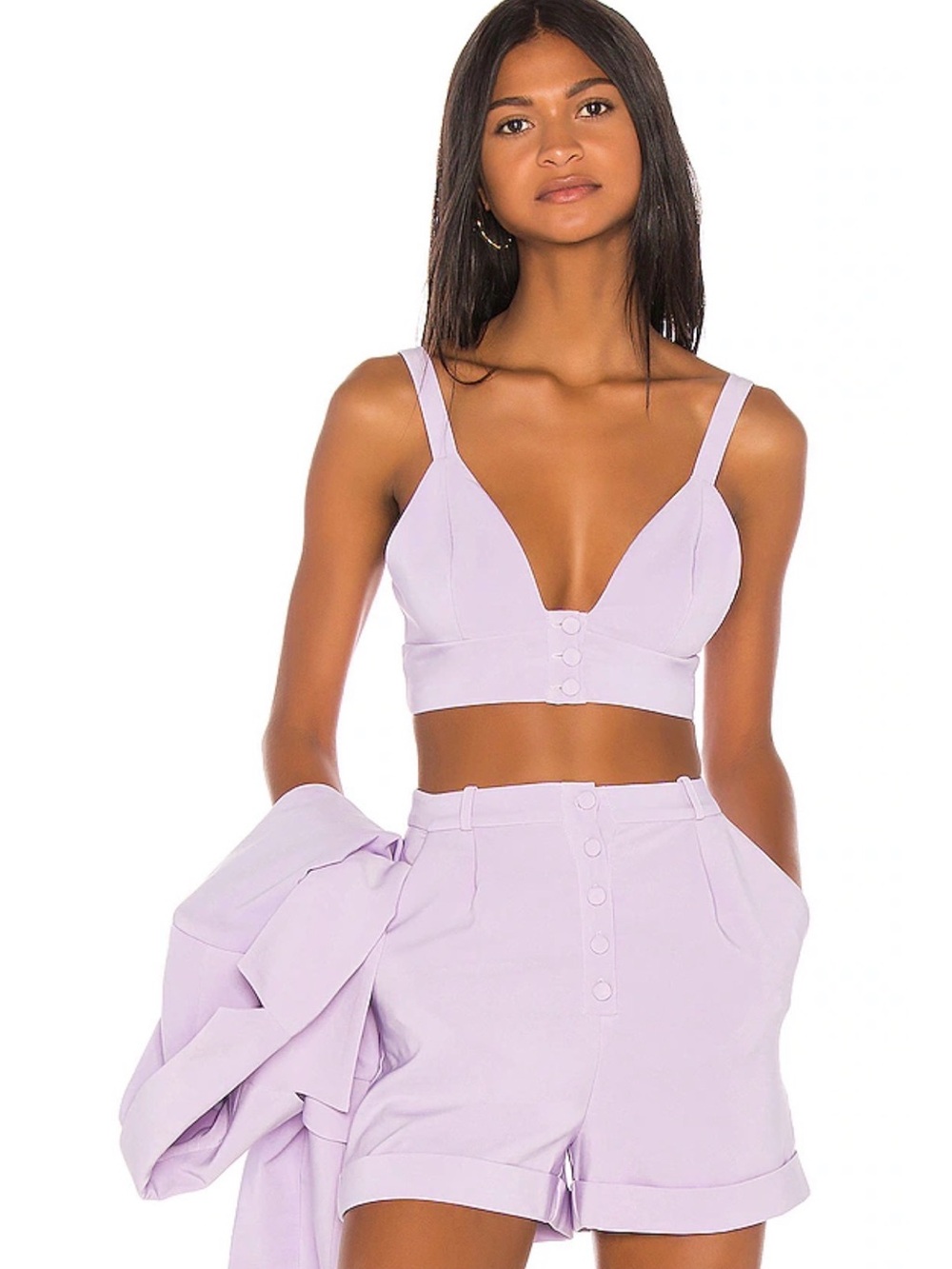 NWT REVOLVE Song Of Style Lilac Button-Front Crop Top & High-Waist Shorts Set